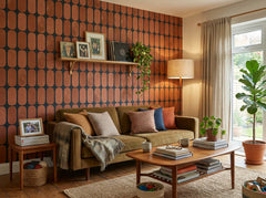 Terracotta capsule grid wallpaper in a living room with olive sofa.