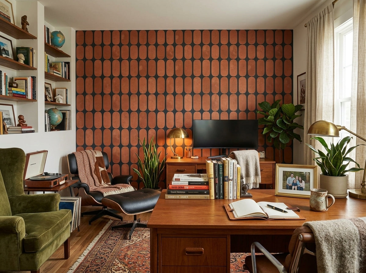 Terracotta capsule grid wallpaper in a study with lounge chair.