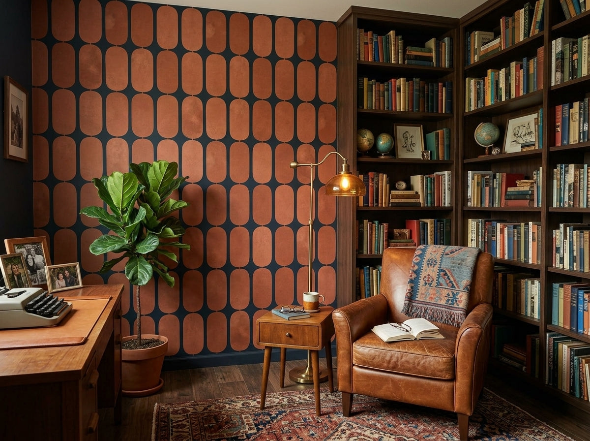 Terracotta capsule grid wallpaper in a library with leather armchair.