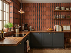 Terracotta capsule grid wallpaper in a kitchen with dark cabinets.