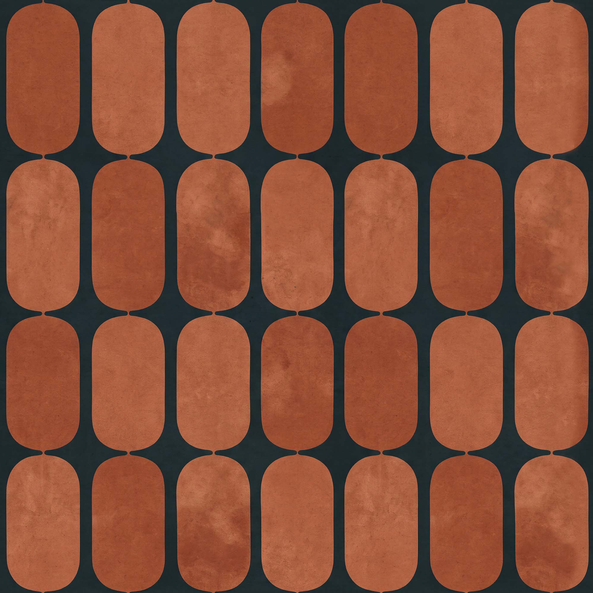 Retro wallpaper with terracotta rounded capsule shapes in a neat grid on a dark charcoal background.
