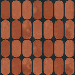 Retro wallpaper with terracotta rounded capsule shapes in a neat grid on a dark charcoal background.