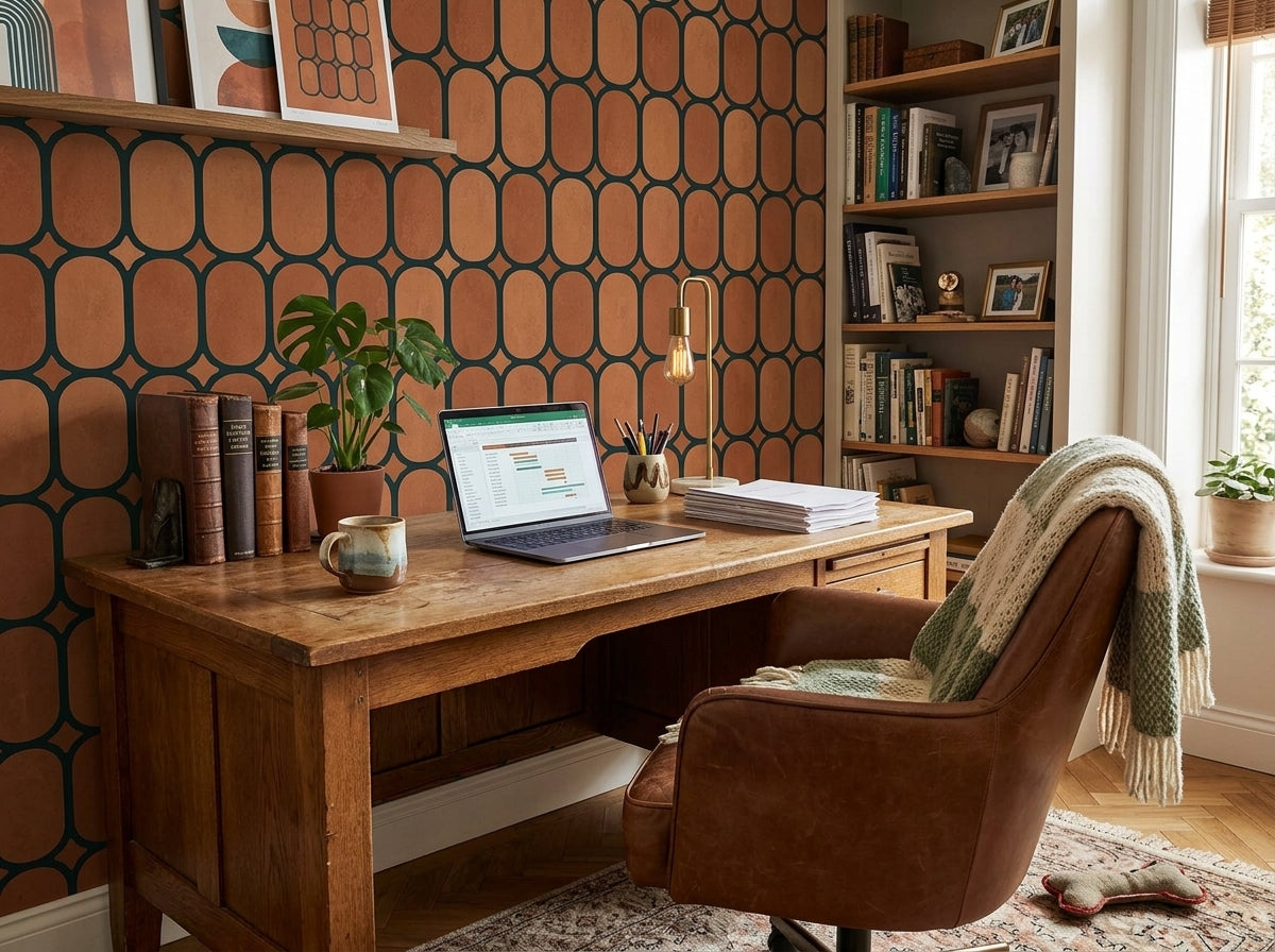 Terracotta oval trellis wallpaper in a home office with wooden desk.