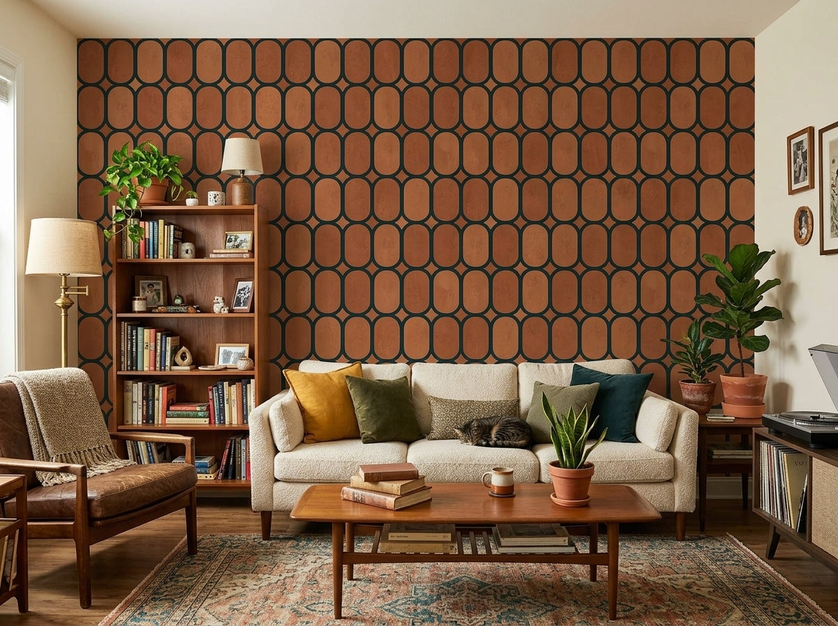 Terracotta oval trellis wallpaper in a living room with cream sofa.