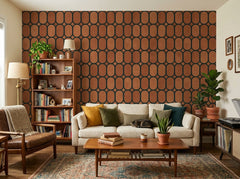 Terracotta oval trellis wallpaper in a living room with cream sofa.
