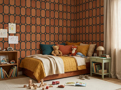 Terracotta oval trellis wallpaper in a kids room with daybed and toys.