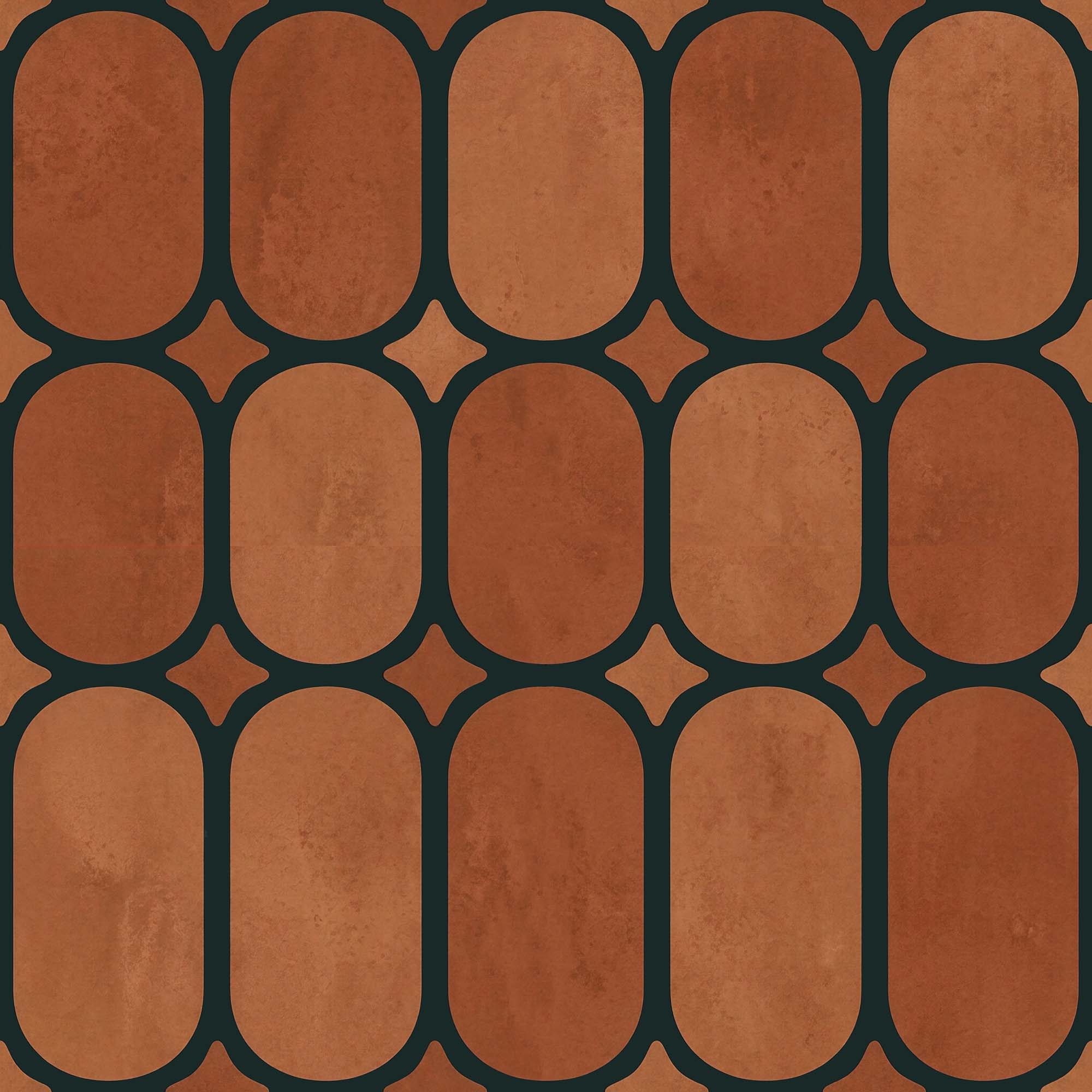 Retro wallpaper with terracotta ovals framed by a dark teal lattice outline.