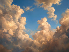 Painted sky wallpaper with dramatic golden peach cumulus clouds against a deep blue sky.
