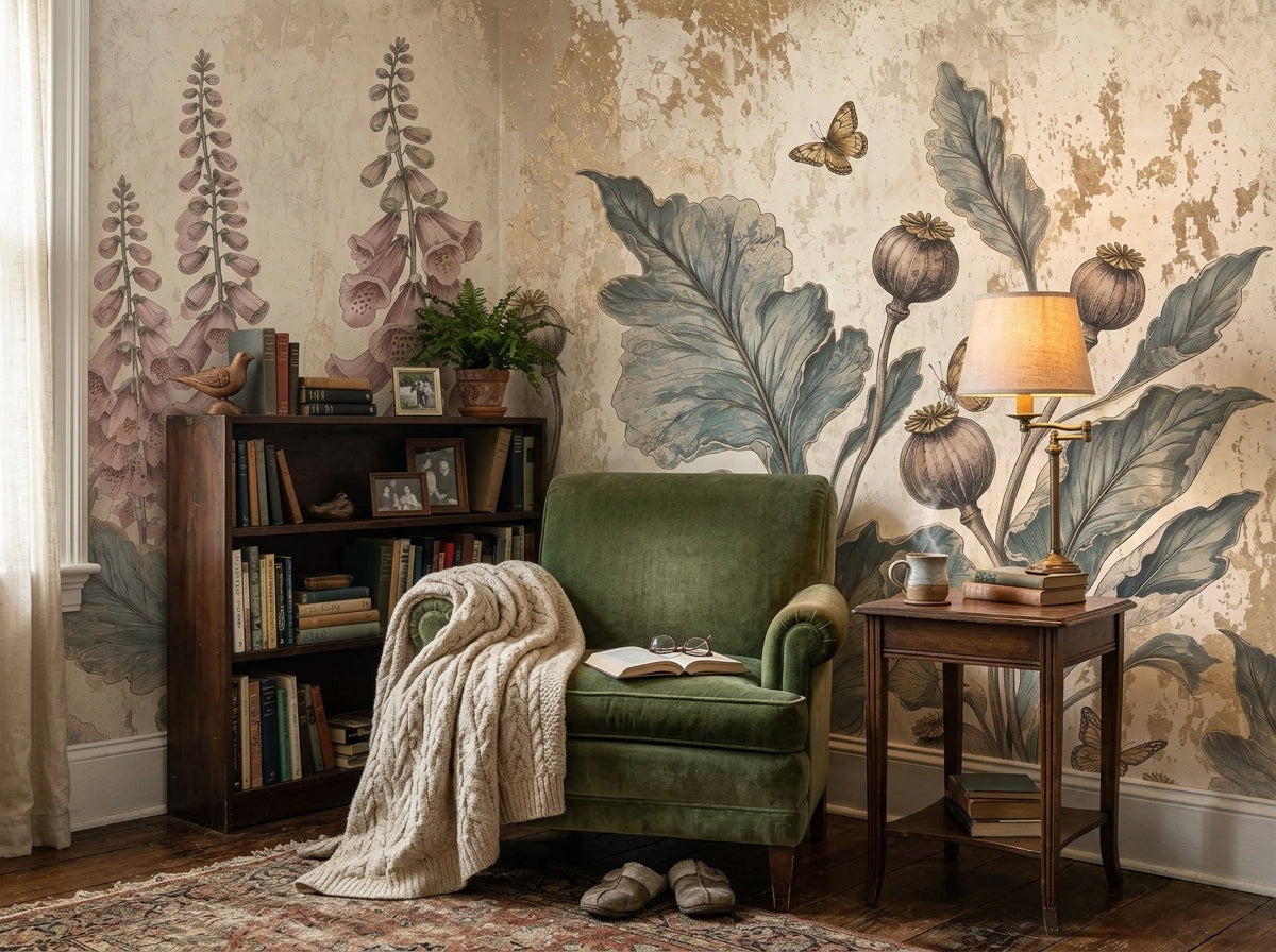 Vintage foxglove botanical wallpaper in a reading nook with green armchair.