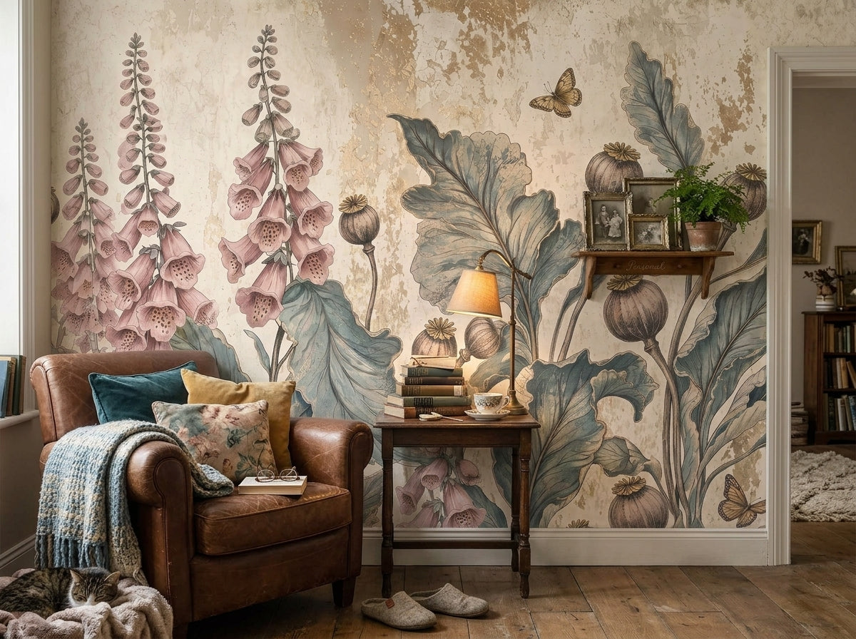 Vintage foxglove botanical wallpaper in a reading corner with leather armchair.