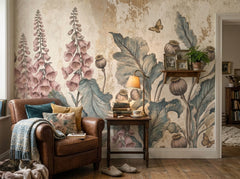 Vintage foxglove botanical wallpaper in a reading corner with leather armchair.