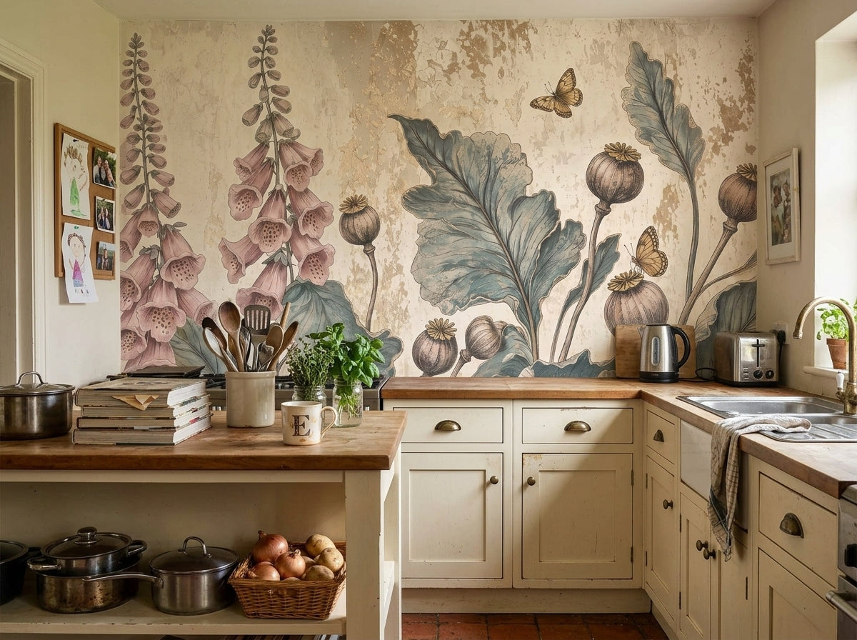 Vintage foxglove botanical wallpaper in a cottage kitchen.