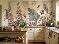 Vintage foxglove botanical wallpaper in a cottage kitchen.
