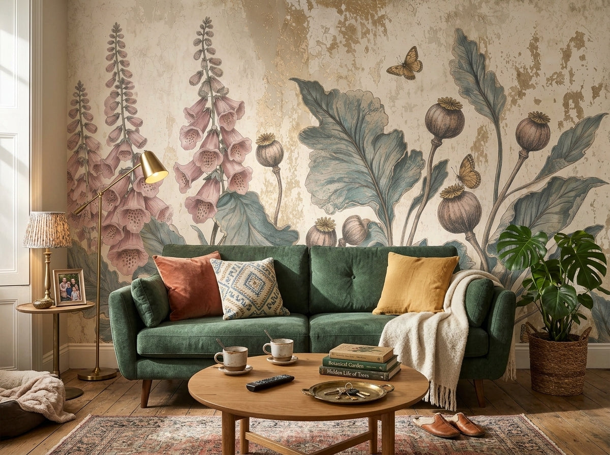 Vintage foxglove botanical wallpaper behind a green sofa in a living room.