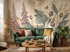 Vintage foxglove botanical wallpaper behind a green sofa in a living room.