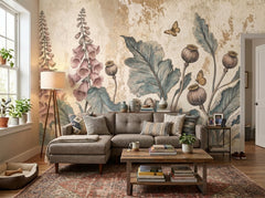 Vintage foxglove botanical wallpaper in a cozy living room with grey sofa.