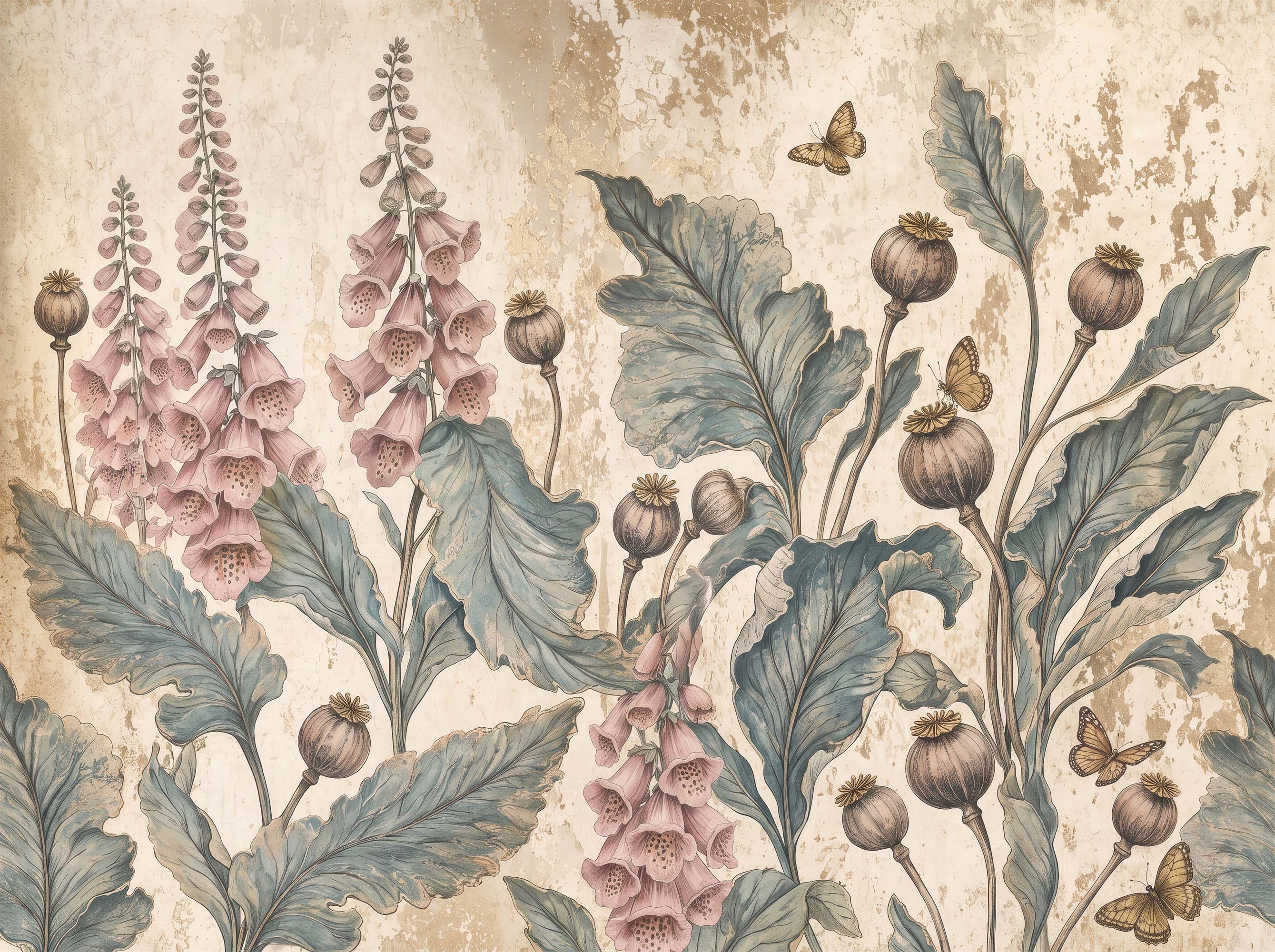 Vintage botanical wallpaper with pink foxgloves, poppy seed pods, large blue-green leaves and butterflies on a distressed cream background.