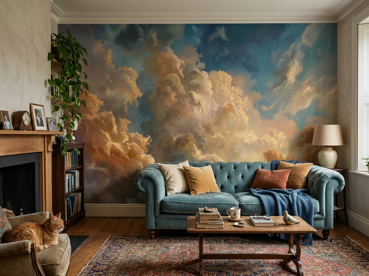 Dramatic painted clouds wallpaper behind a chesterfield sofa in a living room.