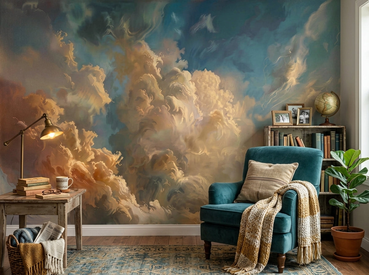 Dramatic painted clouds wallpaper in a reading corner with teal armchair.