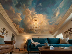 Dramatic painted clouds wallpaper as a ceiling mural in a living room.