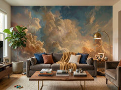 Dramatic painted clouds wallpaper in a living room with grey sofa.