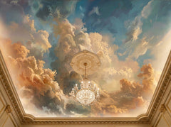 Dramatic painted clouds wallpaper as a ceiling mural with a crystal chandelier.