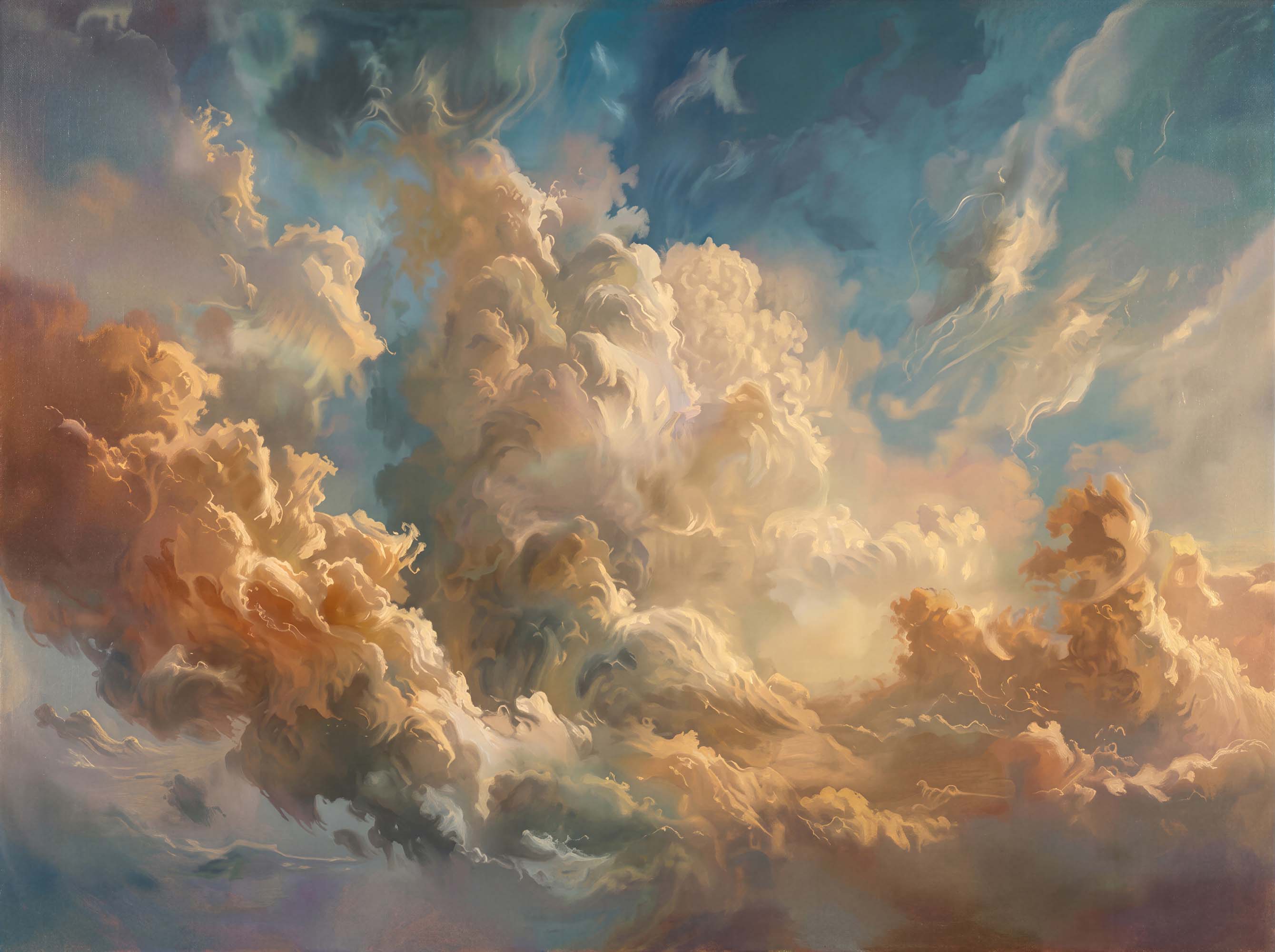 Painted sky wallpaper with billowing golden, peach and orange clouds against a teal blue sky.