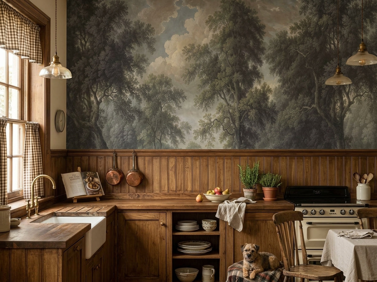 Dark forest painting wallpaper in a rustic cottage kitchen.