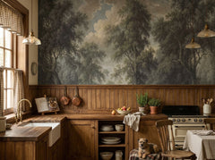 Dark forest painting wallpaper in a rustic cottage kitchen.
