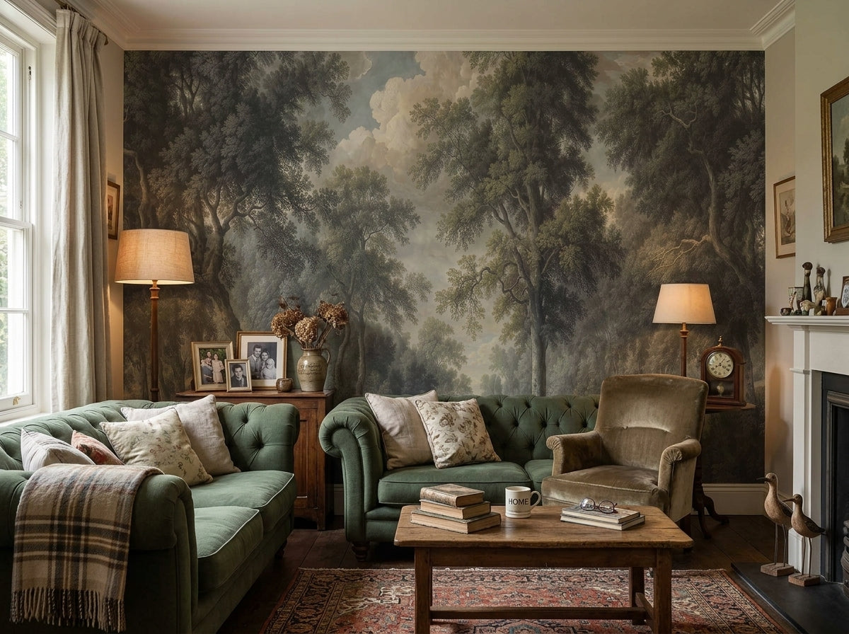 Dark forest painting wallpaper in a living room with green chesterfield sofas.