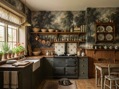 Dark forest painting wallpaper in a cottage kitchen with range cooker.