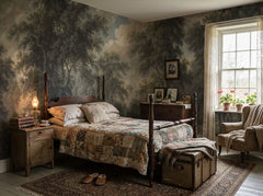 Dark forest painting wallpaper in a bedroom with four-poster bed.