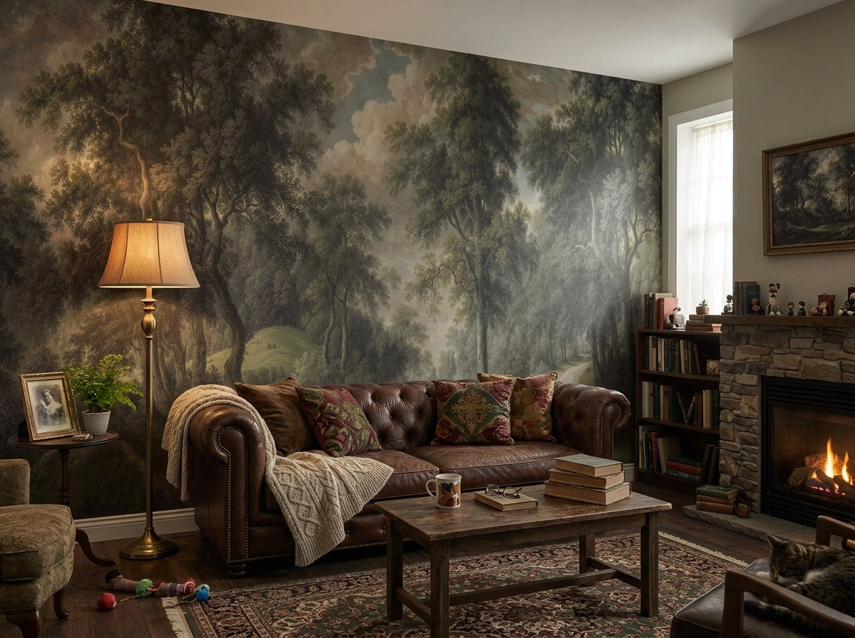 Dark forest painting wallpaper in a living room with fireplace.
