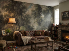 Dark forest painting wallpaper in a living room with fireplace.
