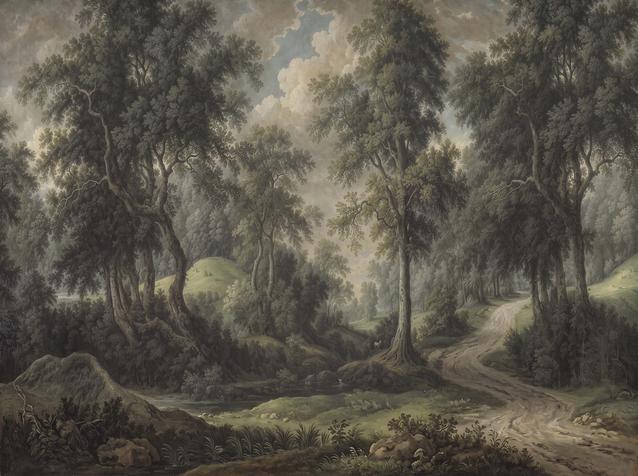 Moody oil painting style wallpaper with a winding path through a dark old forest under a misty sky.