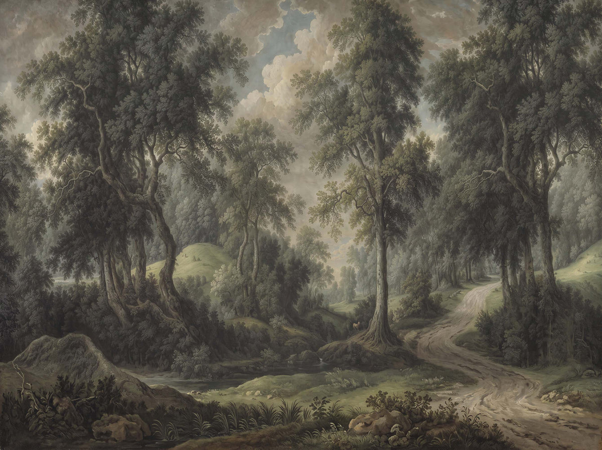 Tapete Dunkler Wald im Gemälde-Stil – Stimmungsvoller Waldweg, Wandbild