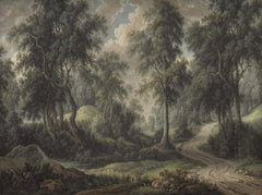 Moody oil painting style wallpaper with a winding path through a dark old forest under a misty sky.