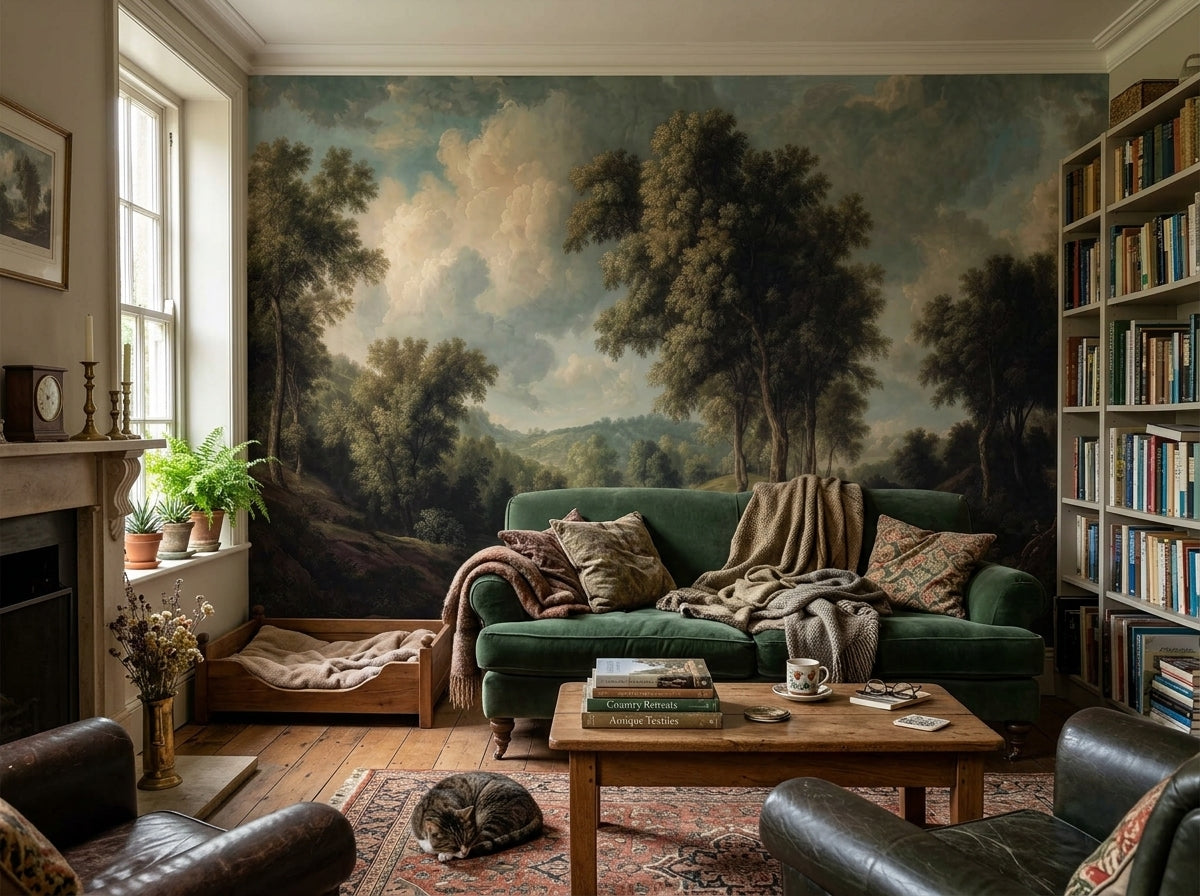 Classical landscape painting wallpaper in a living room with green sofa.