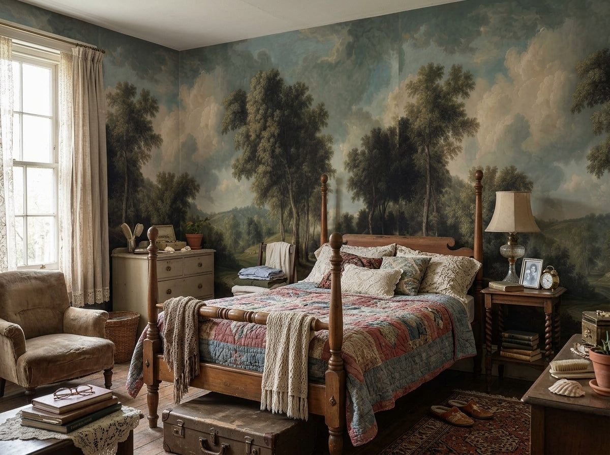 Classical landscape painting wallpaper in a bedroom with four-poster bed.