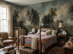 Classical landscape painting wallpaper in a bedroom with four-poster bed.