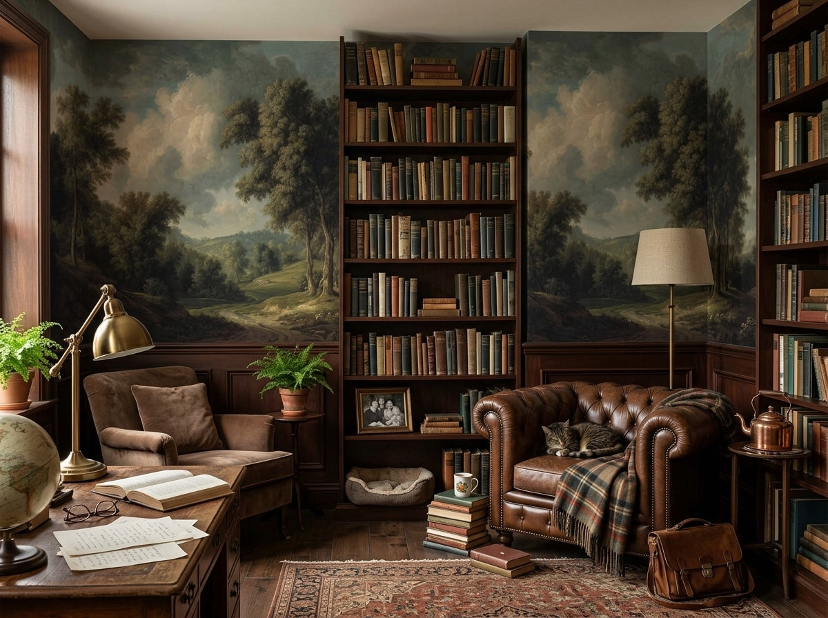 Classical landscape painting wallpaper in a library study with chesterfield chair.