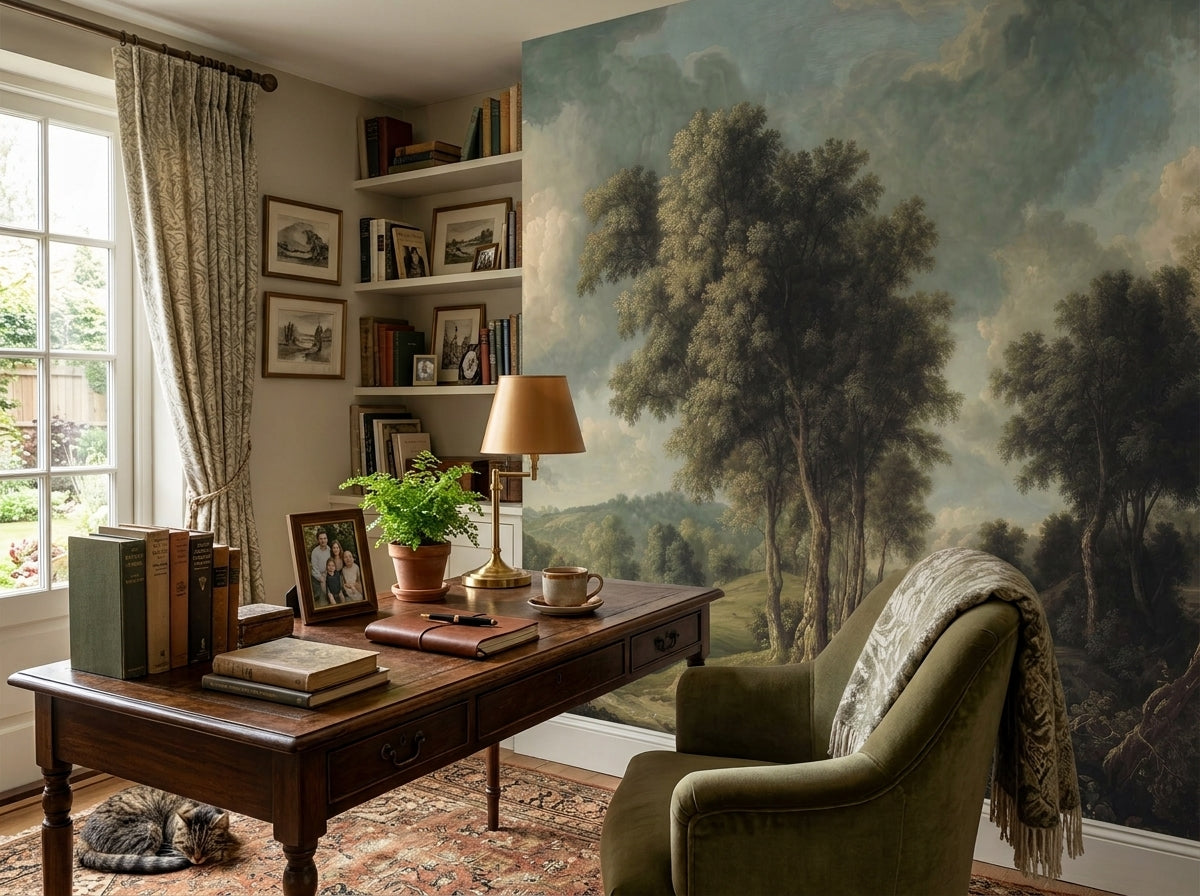 Classical landscape painting wallpaper in a home office with green armchair.