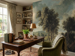 Classical landscape painting wallpaper in a home office with green armchair.