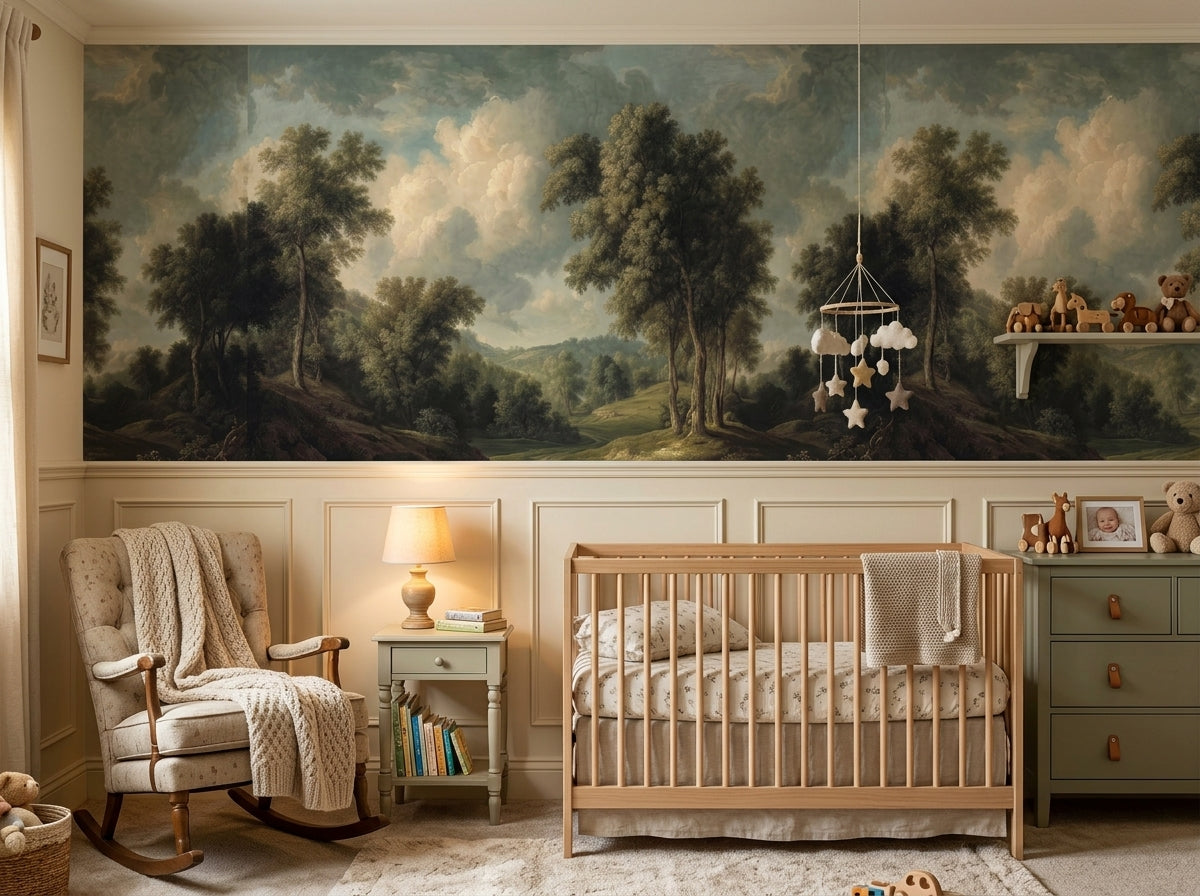 Classical landscape painting wallpaper in a nursery with wooden crib and wainscoting.