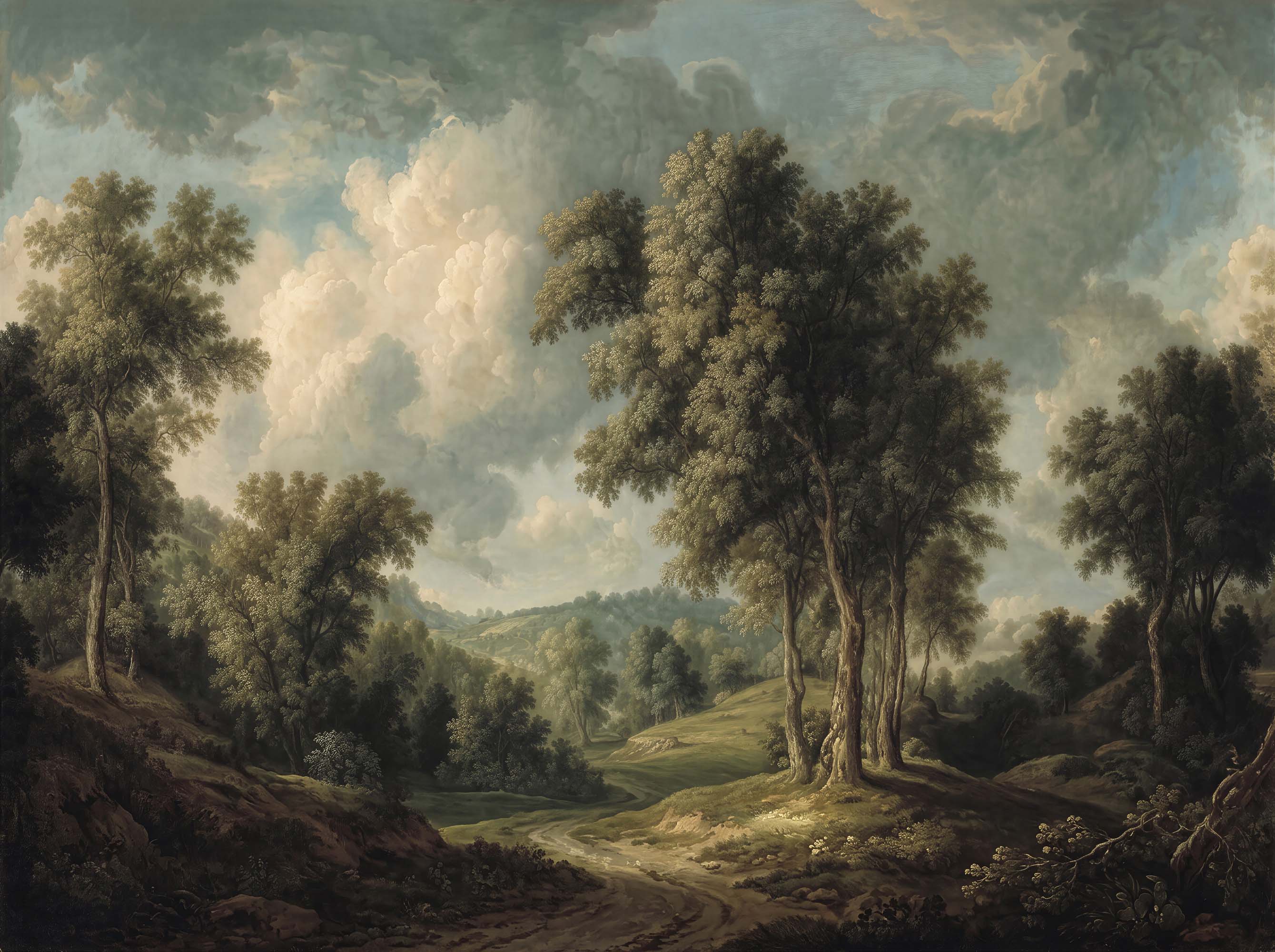 Classical oil painting style wallpaper with tall trees, rolling hills, a path and a cloudy sky.