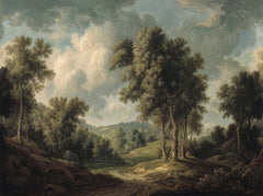 Classical oil painting style wallpaper with tall trees, rolling hills, a path and a cloudy sky.