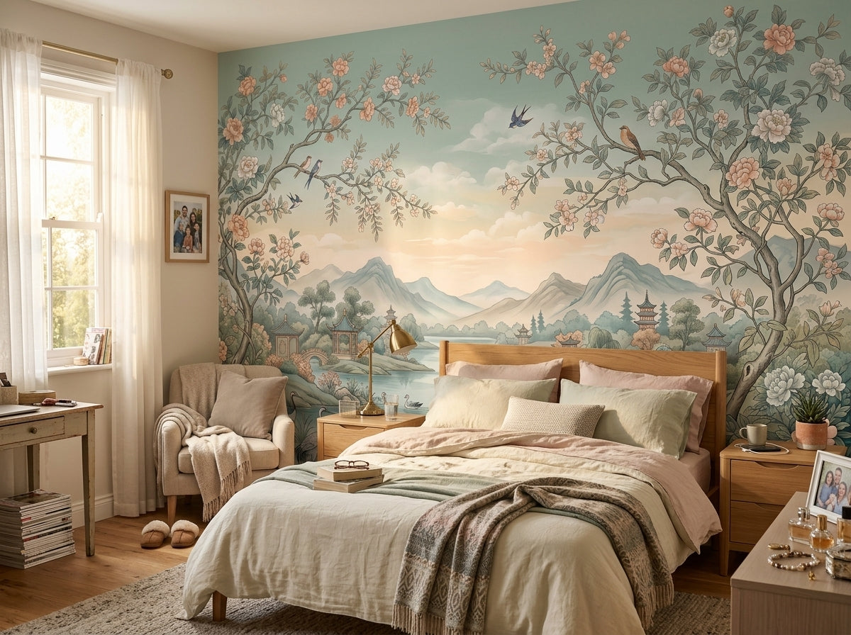 Chinoiserie landscape wallpaper behind the bed in a bright bedroom.