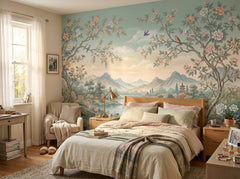Chinoiserie landscape wallpaper behind the bed in a bright bedroom.