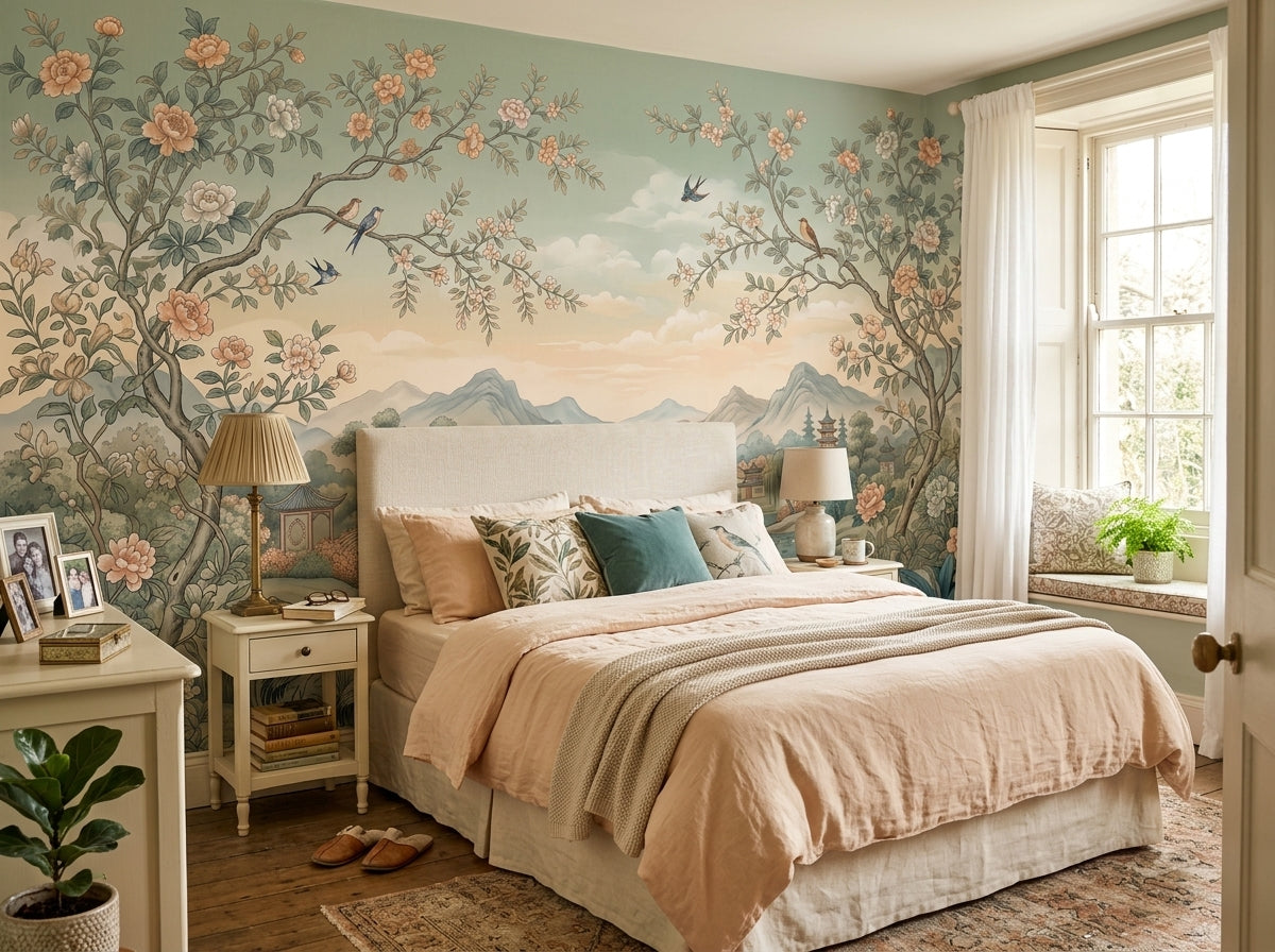 Chinoiserie landscape wallpaper in a bedroom with peach bedding.