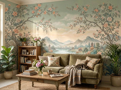 Chinoiserie landscape wallpaper in a living room with olive sofa.